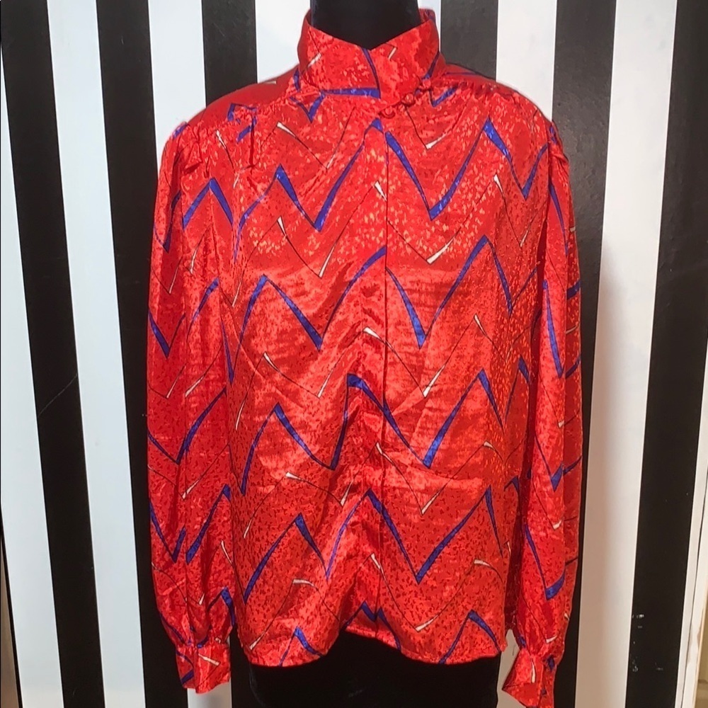 Vintage 80s Red White & Blue High Neck Blouse Patriotic Retro Secretary Medium 8